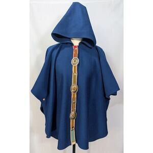 Coloratura‎ Wool Hooded Cape Blue Western Trim Concho Button Front One Size